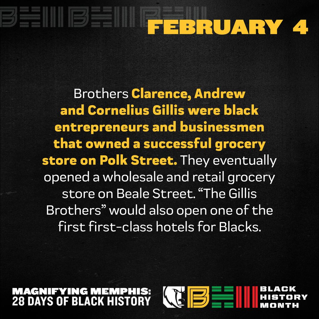 Brothers Clarence, Andrew and Cornelius Gillis were black entrepreneurs and businessmen that owned a successful grocery store on Polk Street. They eventually opened a wholesale and retail grocery store on Beale Street. “The Gillis Brothers” would also open one of the first first-class hotels for Blacks.